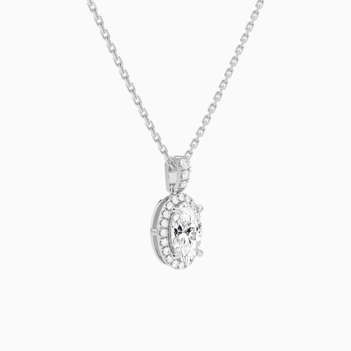 Oval Halo Lab Diamond Pavé Bail Pendant in 18K White Gold - Front Angle View