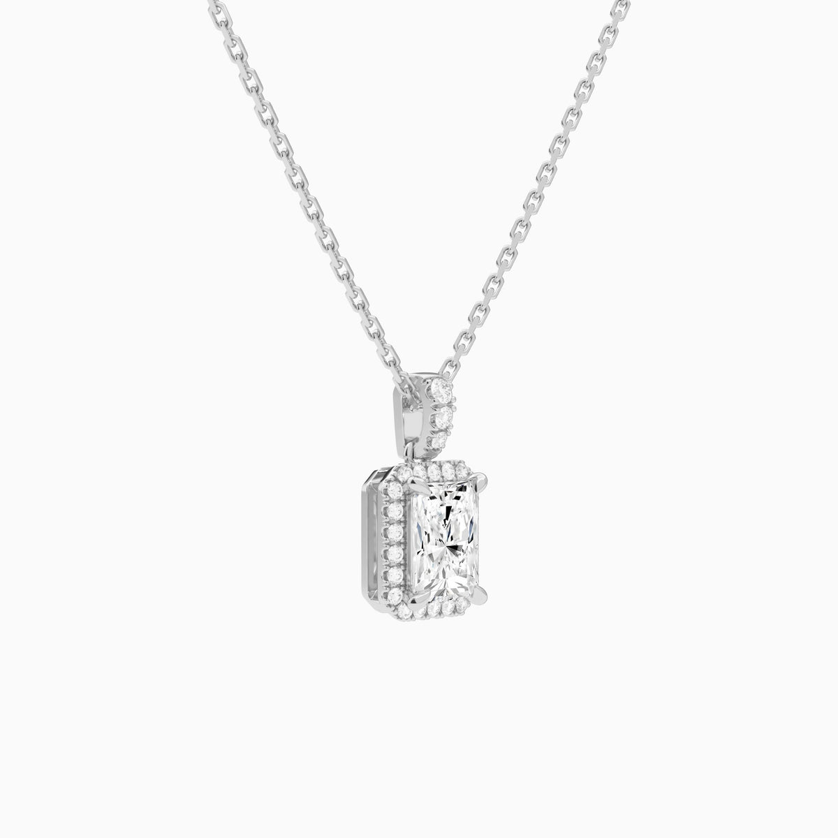 Radiant Halo Lab Diamond Pavé Bail Pendant in 14K White Gold - Front Angle View