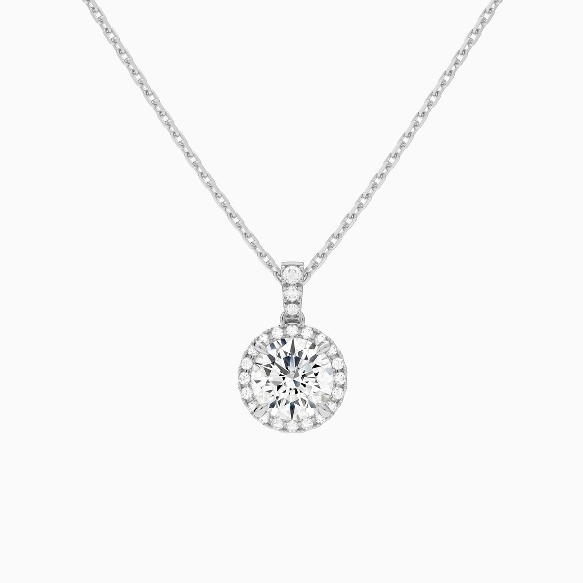 Round Halo Lab Diamond Pavé Bail Pendant in 18K White Gold - Lucenjuri