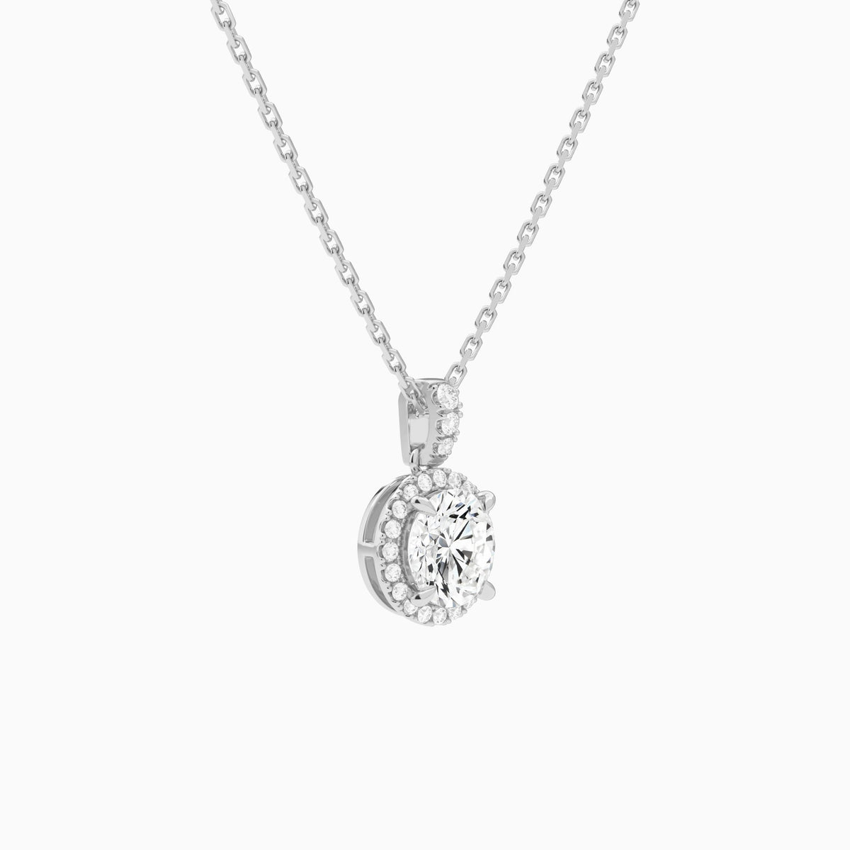 Round Halo Lab Diamond Pavé Bail Pendant in 18K White Gold - Front Angle View