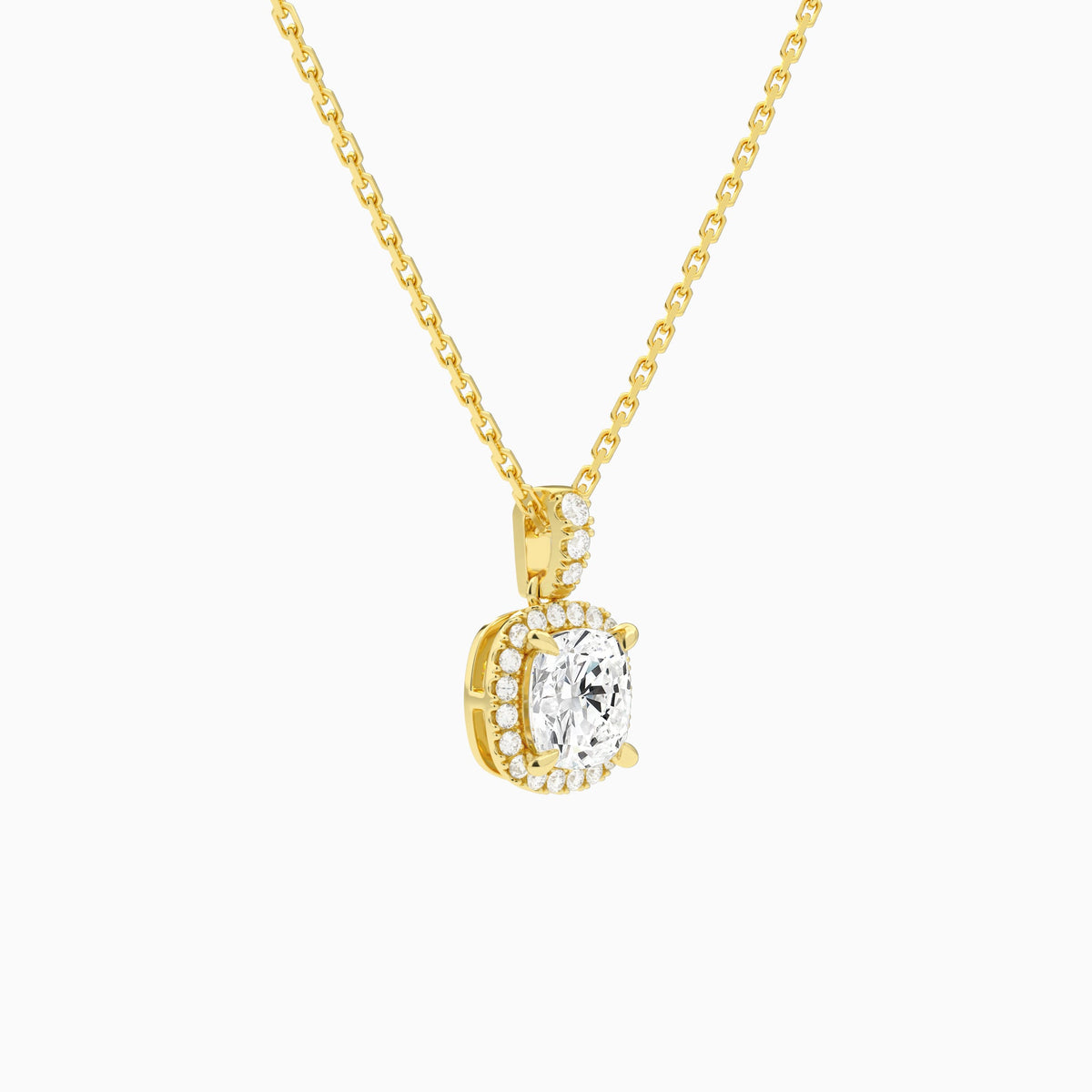 Cushion Halo Lab Diamond Pavé Bail Pendant | 14K Yellow Gold - Front Angle View