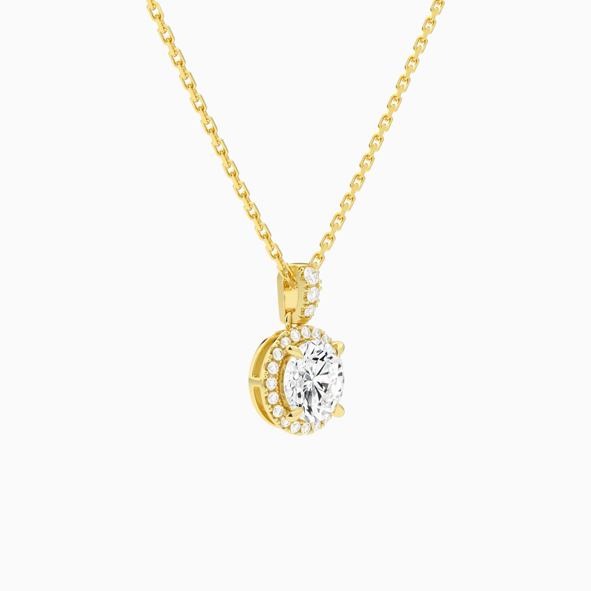 Round Halo Lab Diamond Pavé Bail Pendant in 18K Yellow Gold - Front Angle View