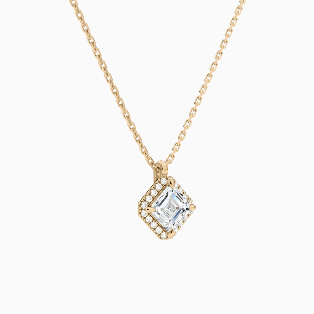 Asscher Halo Lab Grown Diamond Pendant Necklace In 14K Rose Gold - Front Angle View