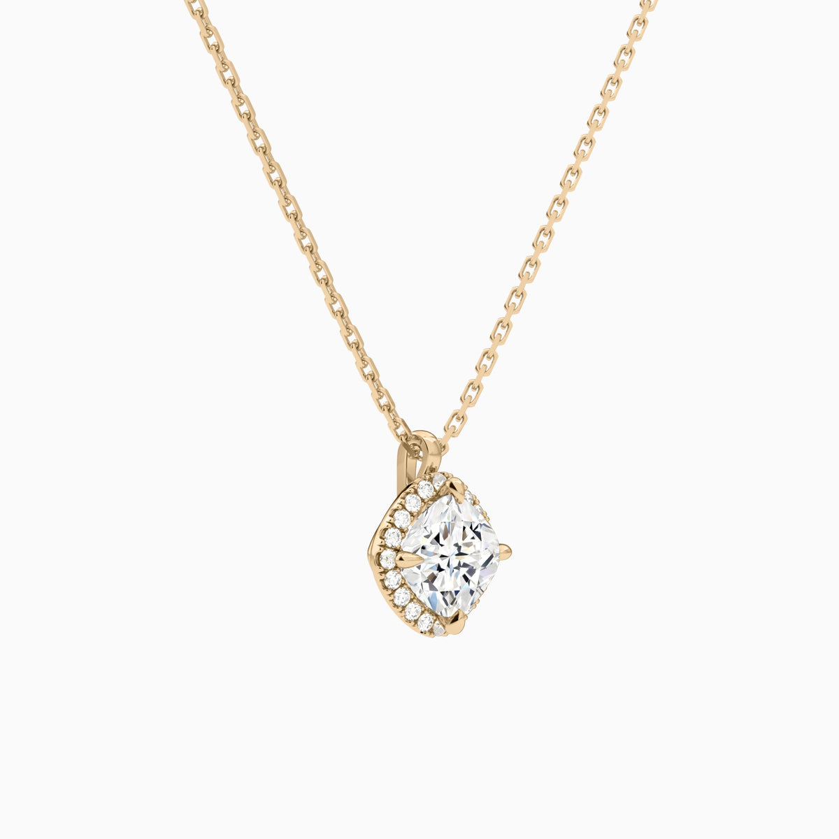 Cushion Halo Lab Grown Diamond Pendant Necklace In 14K Rose Gold - Front Angle View