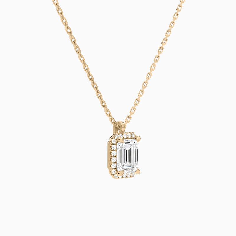 Emerald Halo Lab Grown Diamond Pendant Necklace In 14K Rose Gold - Front Angle View