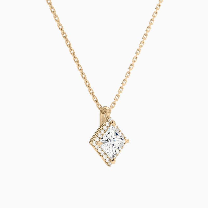 Princess Halo Lab Grown Diamond Pendant Necklace In 14K Rose Gold - Front Angle View