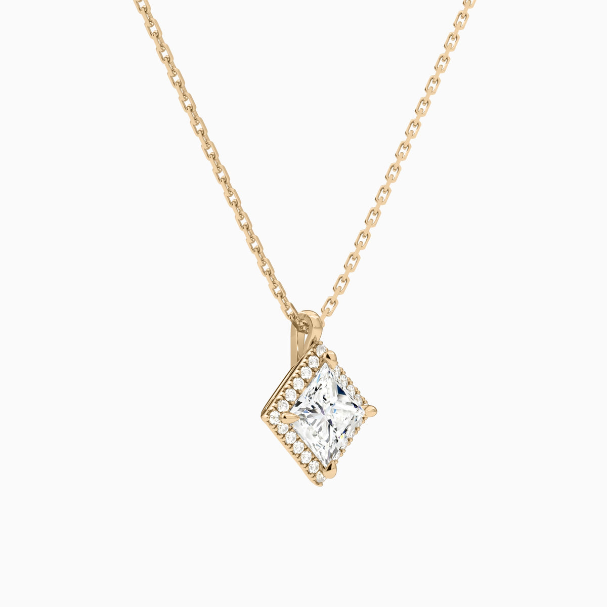 Princess Halo Lab Grown Diamond Pendant Necklace In 14K Rose Gold - Front Angle View