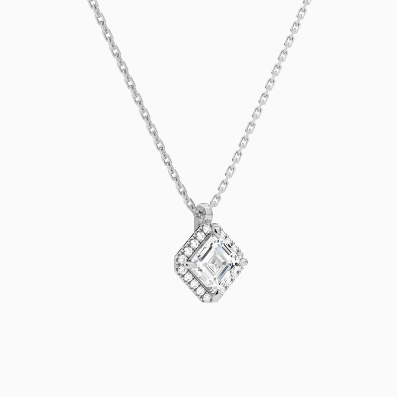 Asscher Halo Lab Grown Diamond Pendant Necklace In 18K White Gold - Front Angle View