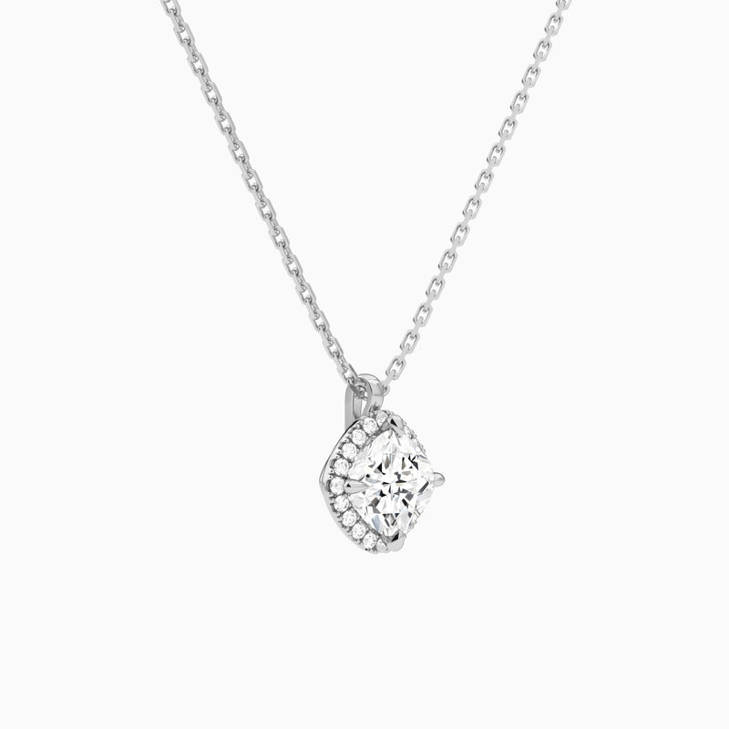 Cushion Halo Lab Grown Diamond Pendant Necklace In 18K White Gold - Front Angle View