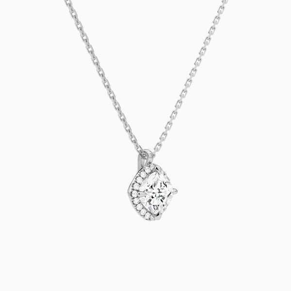Cushion Halo Lab Grown Diamond Pendant Necklace In 14K White Gold - Front Angle View