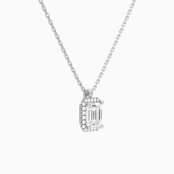 Emerald Halo Lab Grown Diamond Pendant Necklace In 14K White Gold - Front Angle View