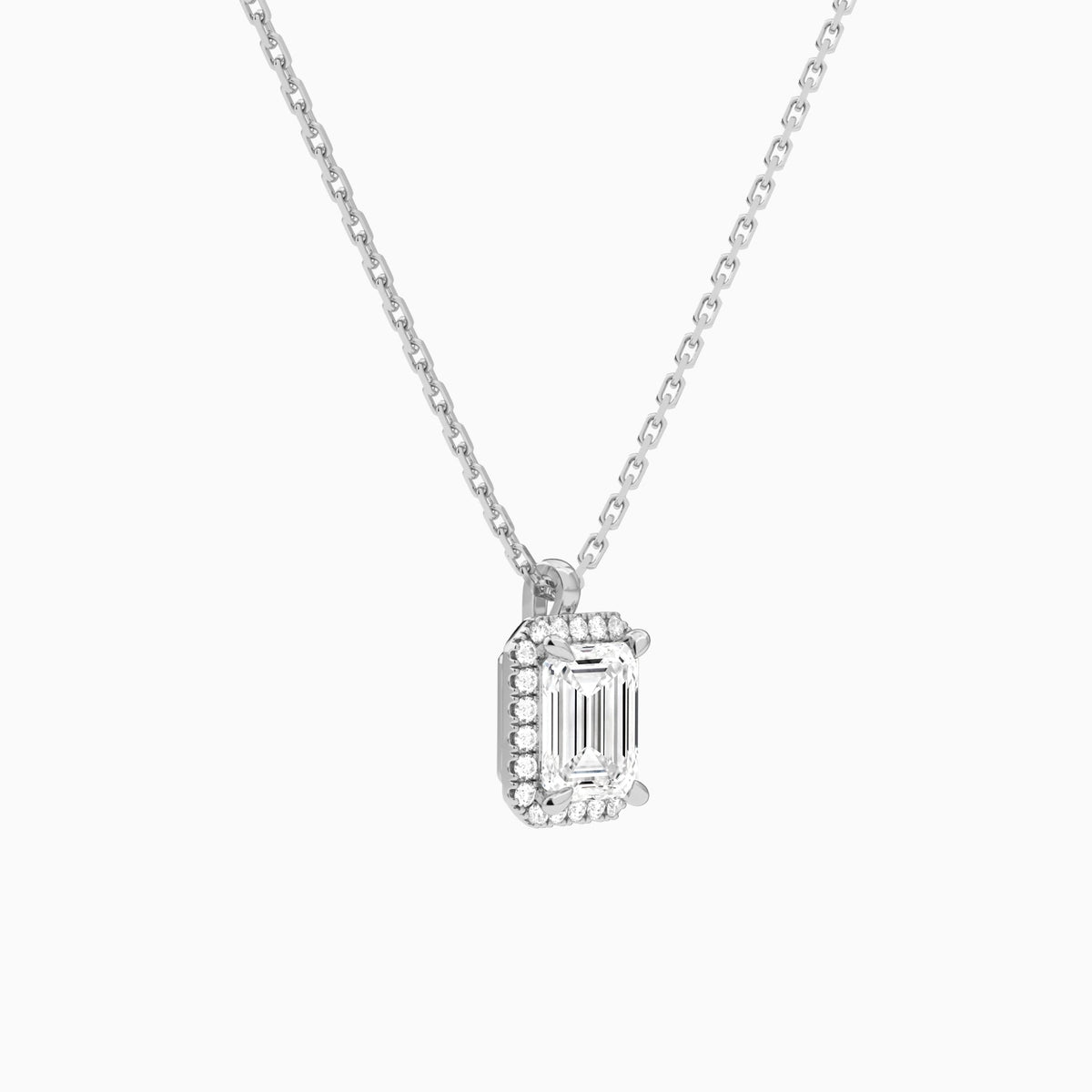 Emerald Halo Lab Grown Diamond Pendant Necklace In 18K White Gold - Front Angle View