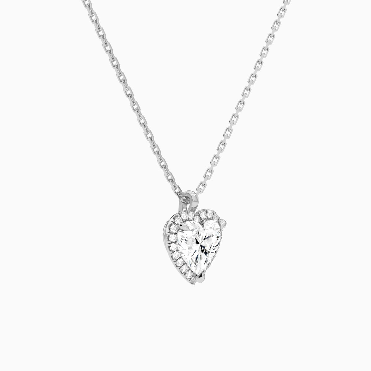 Heart Halo Lab Grown Diamond Pendant Necklace In 18K White Gold - Front Angle View