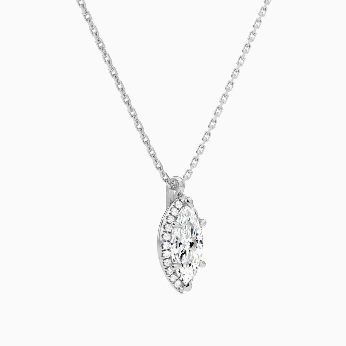 Marquise Halo Lab Grown Diamond Pendant Necklace In 18K White Gold - Front Angle View