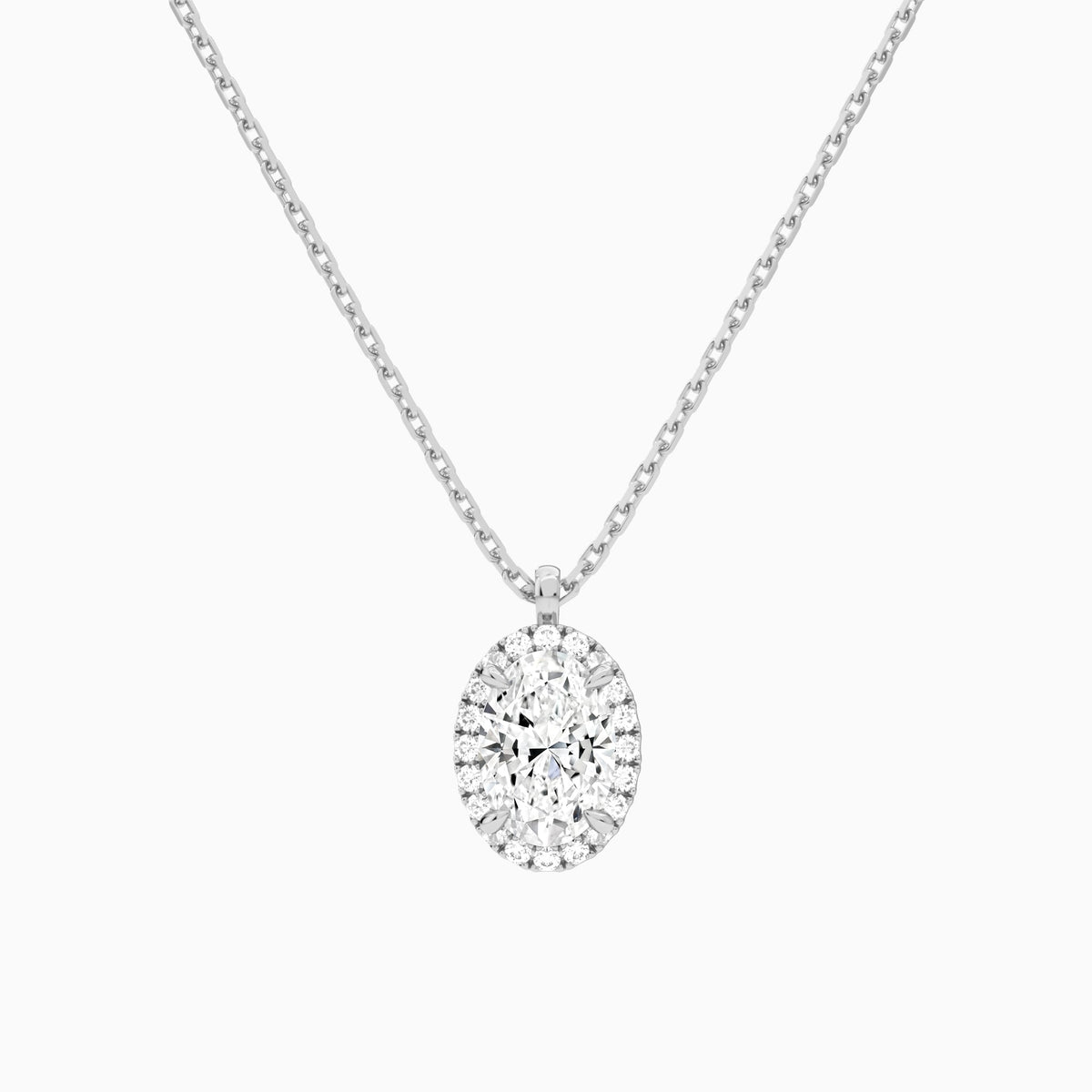 Oval Halo Lab Grown Diamond Pendant Necklace In 18K White Gold - Lucenjuri