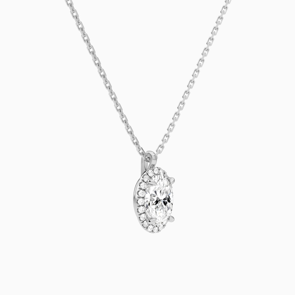 Oval Halo Lab Grown Diamond Pendant Necklace In 18K White Gold - Front Angle View