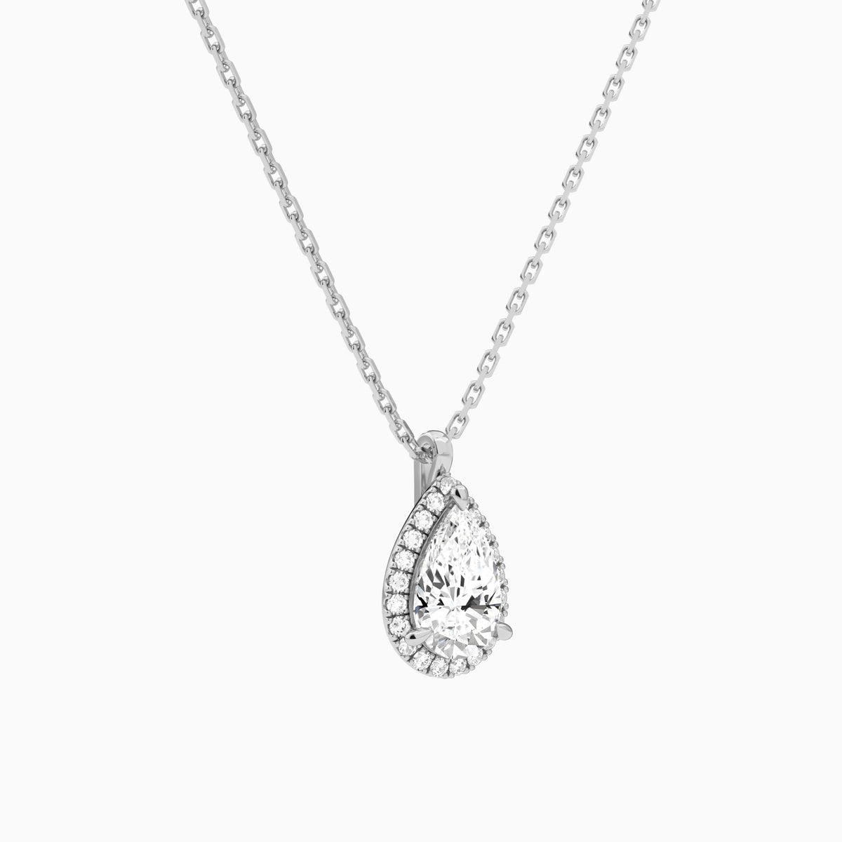 Pear Halo Lab Grown Diamond Pendant Necklace In 18K White Gold - Front Angle View