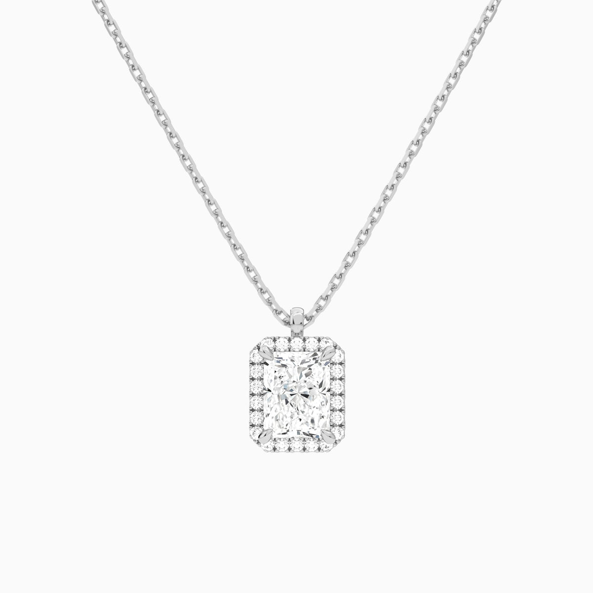 Radiant Halo Lab Grown Diamond Pendant Necklace In 18K White Gold - Lucenjuri