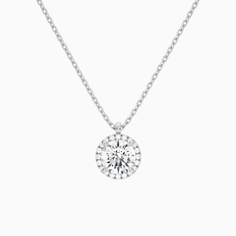 Round Halo Lab Grown Diamond Pendant Necklace In 14K White Gold - Lucenjuri