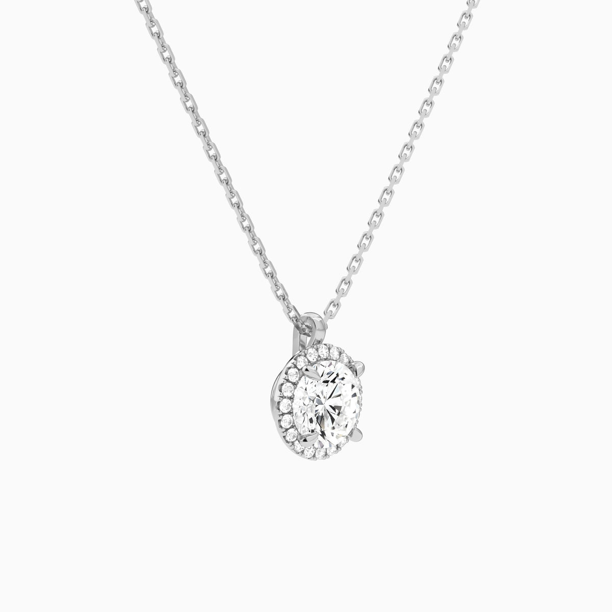 Round Halo Lab Grown Diamond Pendant Necklace In 18K White Gold - Front Angle View
