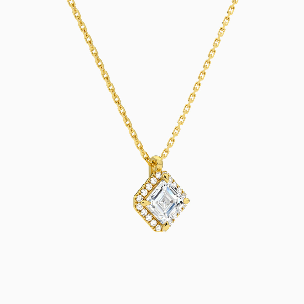 Asscher Halo Lab Grown Diamond Pendant Necklace In 18K Yellow Gold - Front Angle View