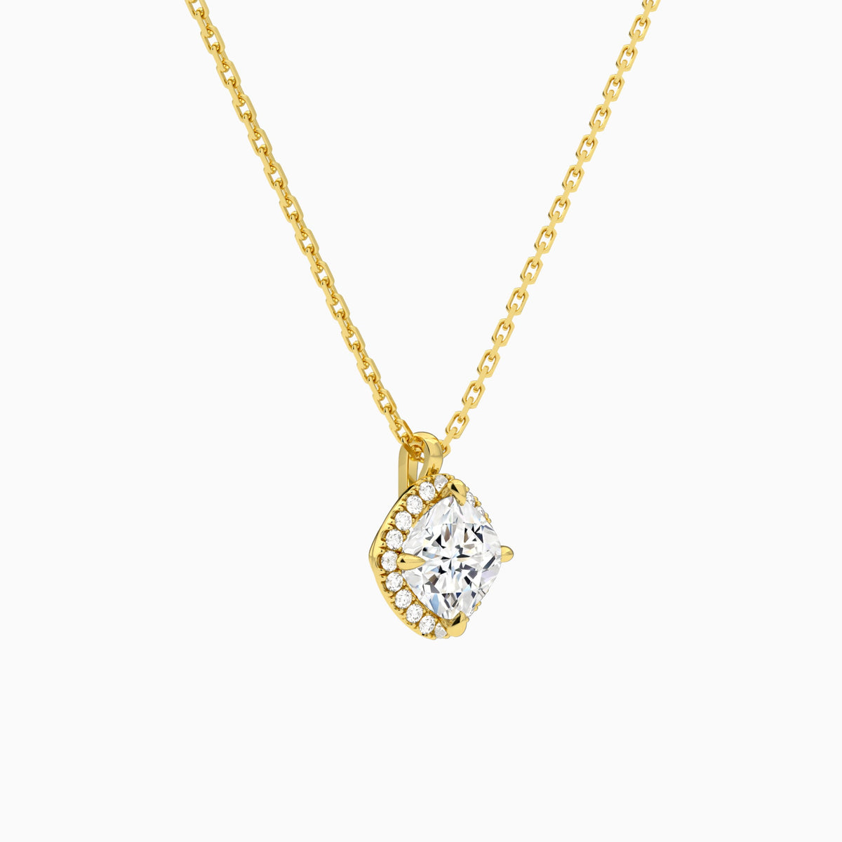 Cushion Halo Lab Grown Diamond Pendant Necklace In 14K Yellow Gold - Front Angle View