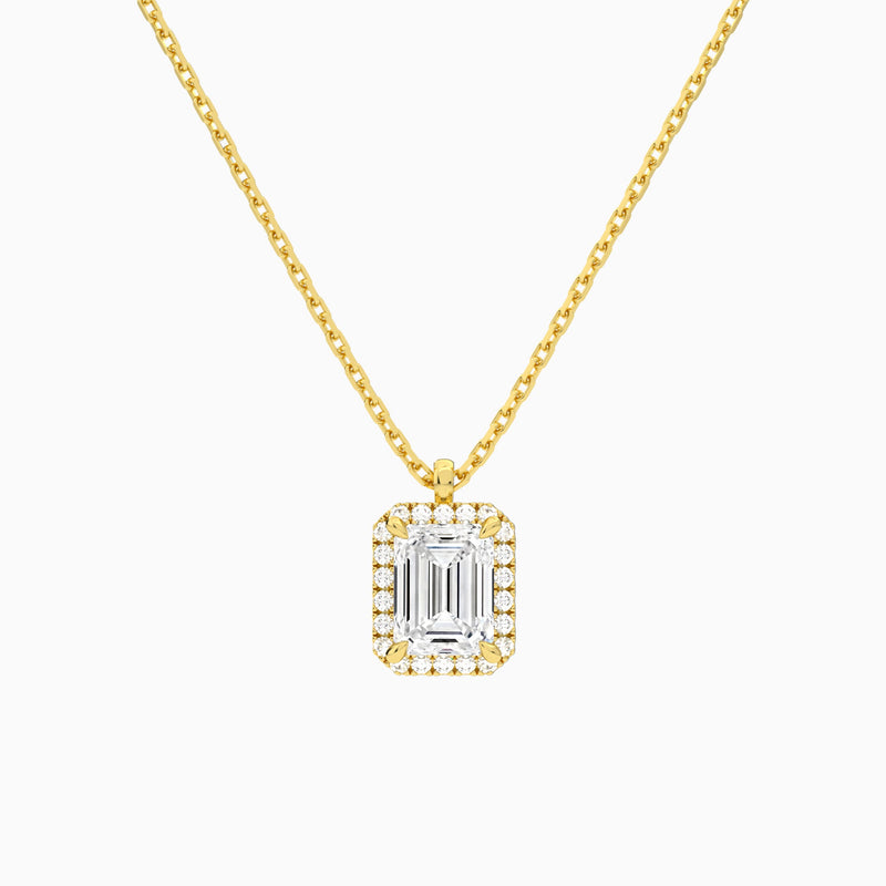 Emerald Halo Lab Grown Diamond Pendant Necklace In 18K Yellow Gold - Lucenjuri