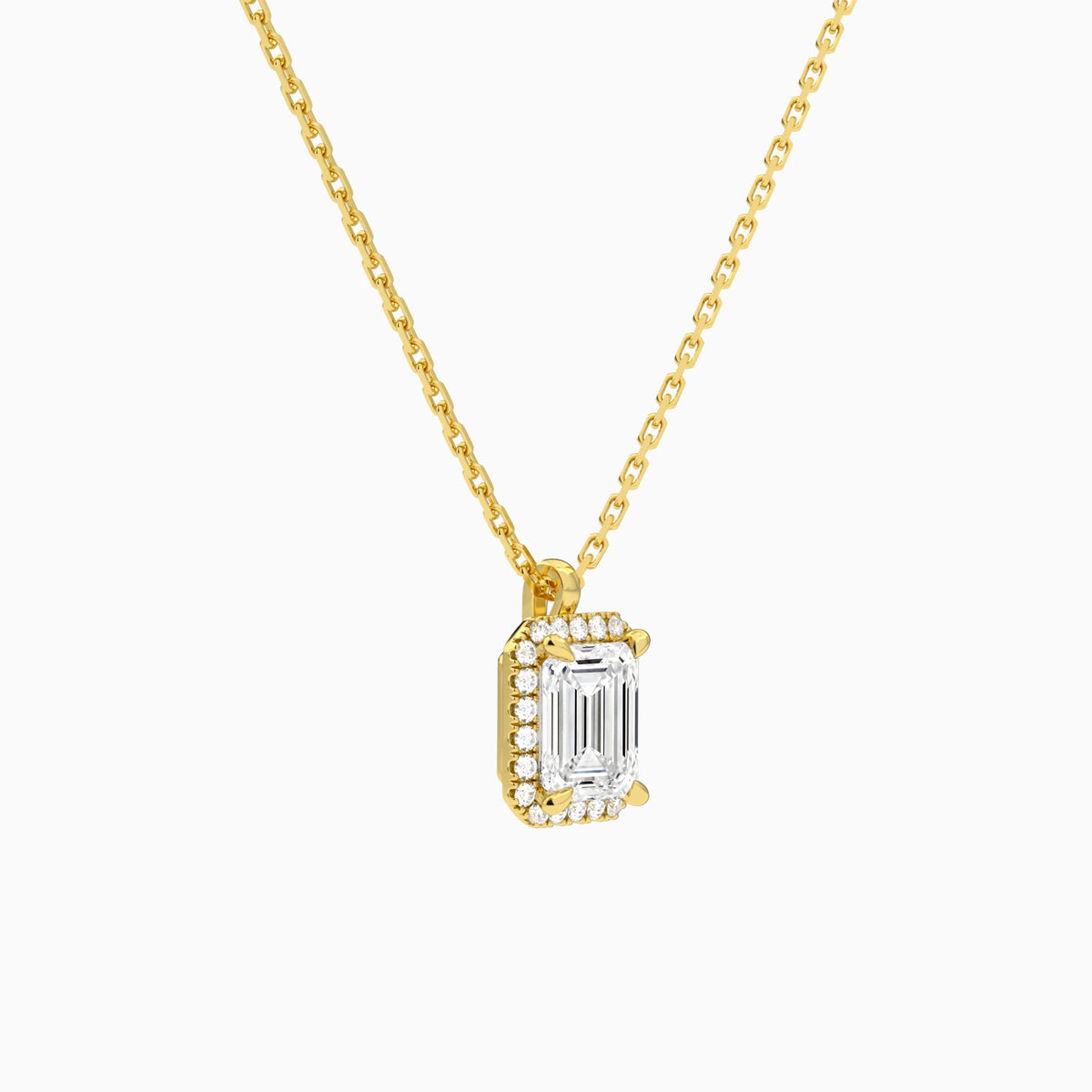 Emerald Halo Lab Grown Diamond Pendant Necklace In 18K Yellow Gold - Front Angle View