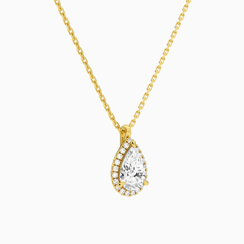 Pear Halo Lab Grown Diamond Pendant Necklace In 14K Yellow Gold - Front Angle View