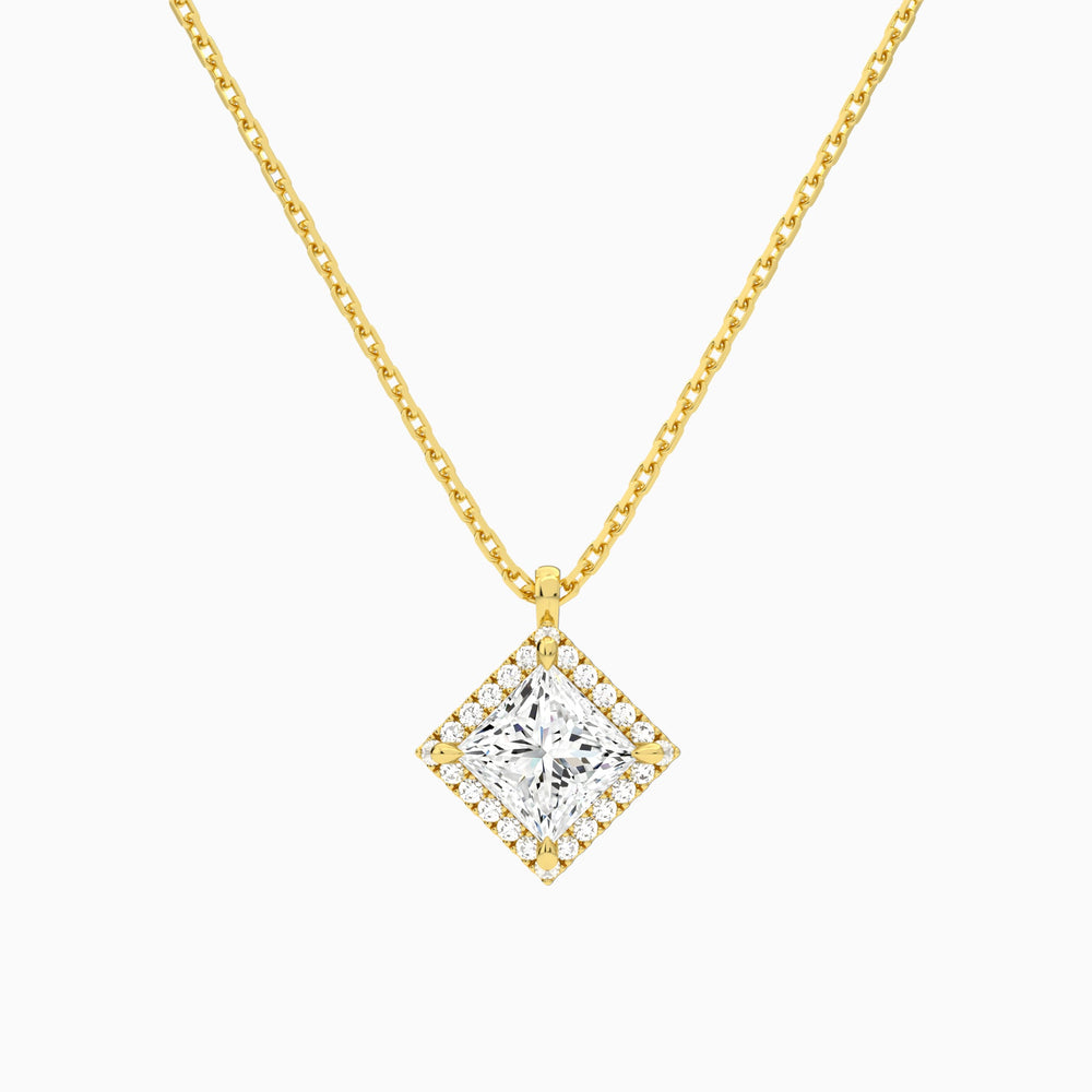Princess Halo Lab Grown Diamond Pendant Necklace In 14K Yellow Gold - Lucenjuri