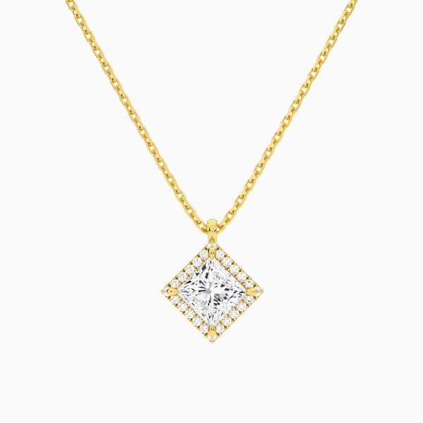 Princess Halo Lab Grown Diamond Pendant Necklace In 14K Yellow Gold - Lucenjuri