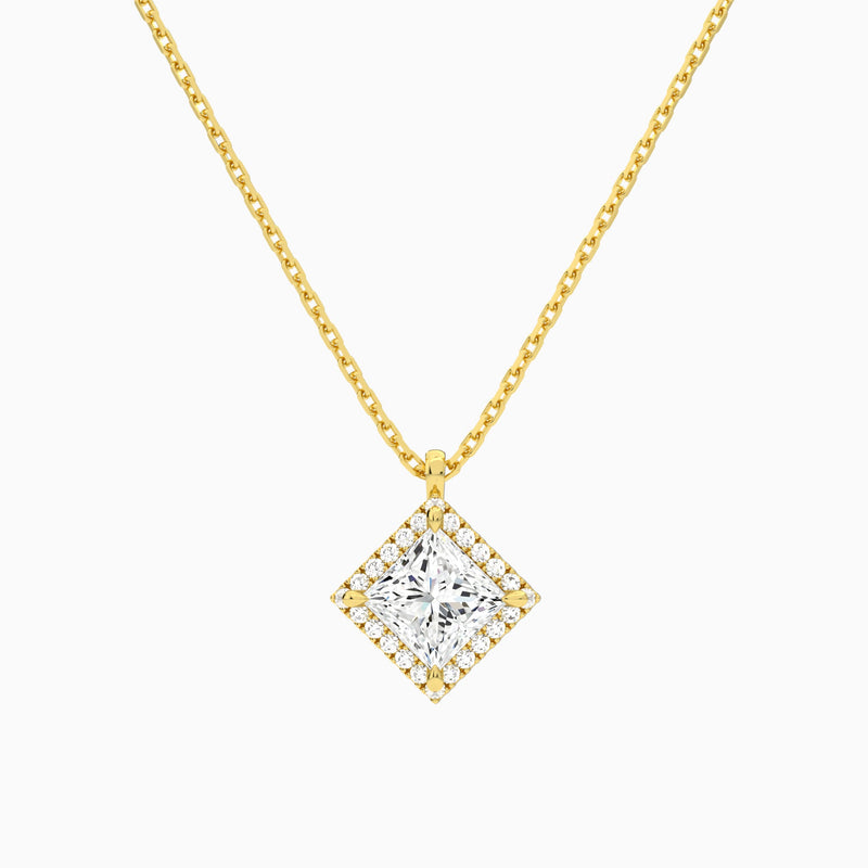 Princess Halo Lab Grown Diamond Pendant Necklace In 18K Yellow Gold - Lucenjuri