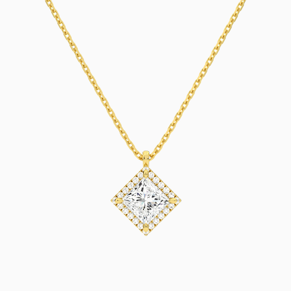 Princess Halo Lab Grown Diamond Pendant Necklace In 18K Yellow Gold - Lucenjuri