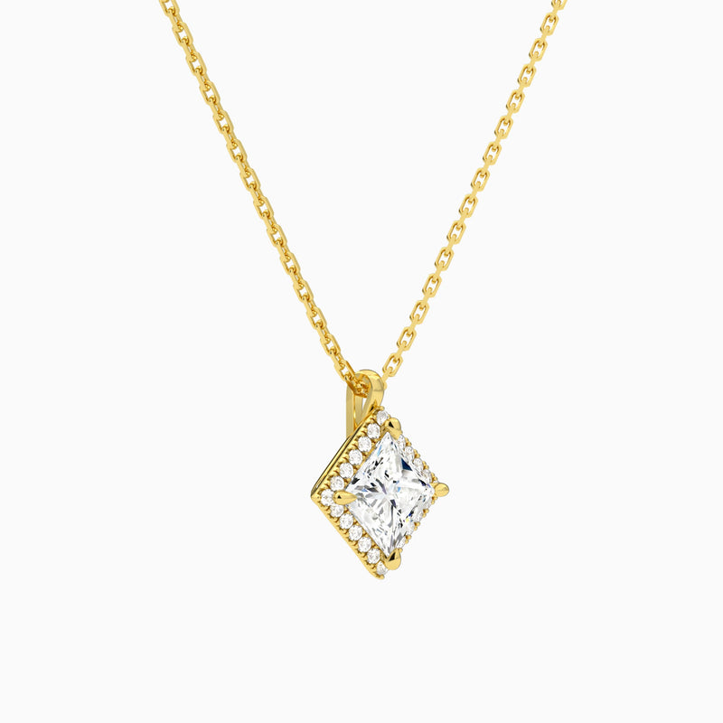 Princess Halo Lab Grown Diamond Pendant Necklace In 18K Yellow Gold - Front Angle View