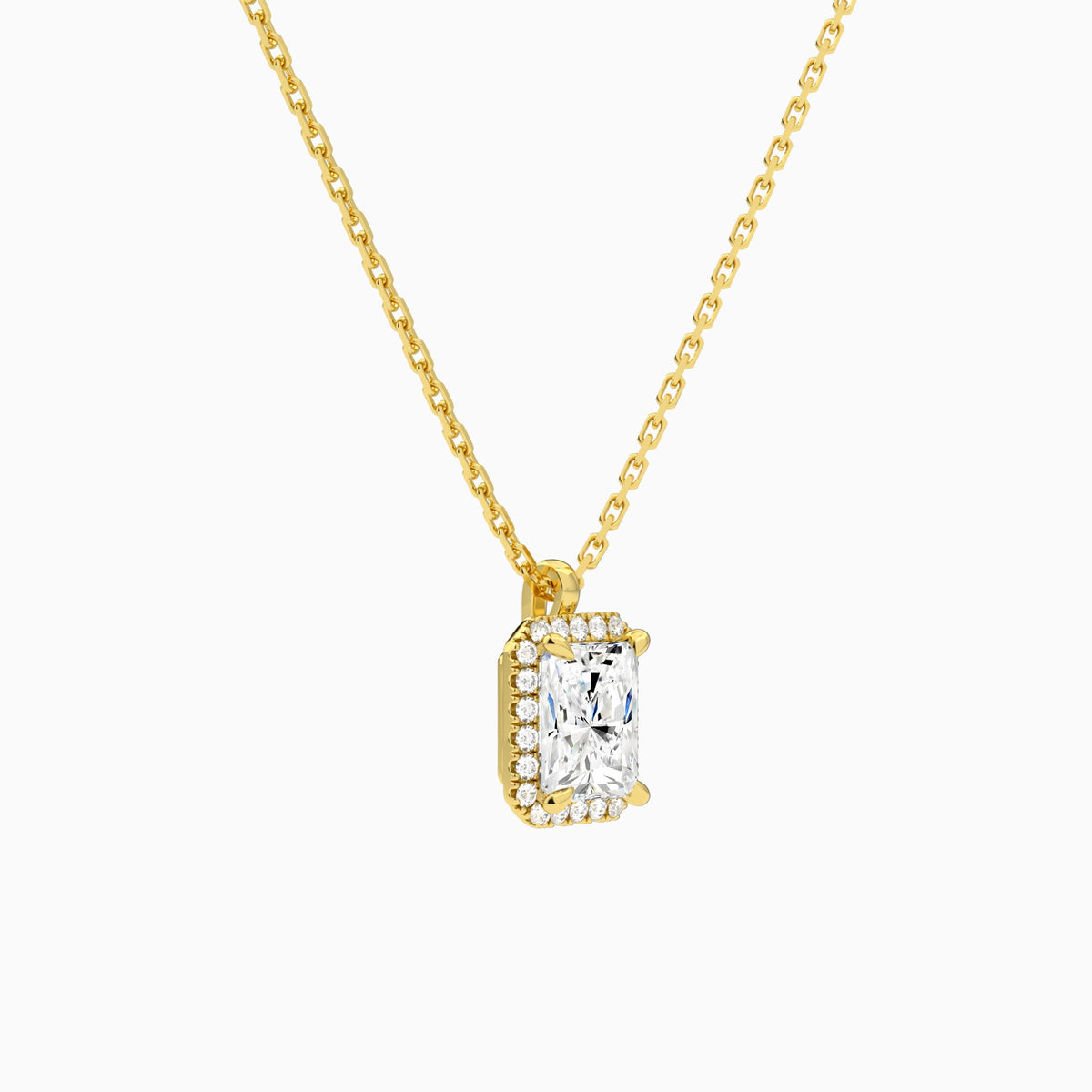 Radiant Halo Lab Grown Diamond Pendant Necklace In 14K Yellow Gold - Front Angle View