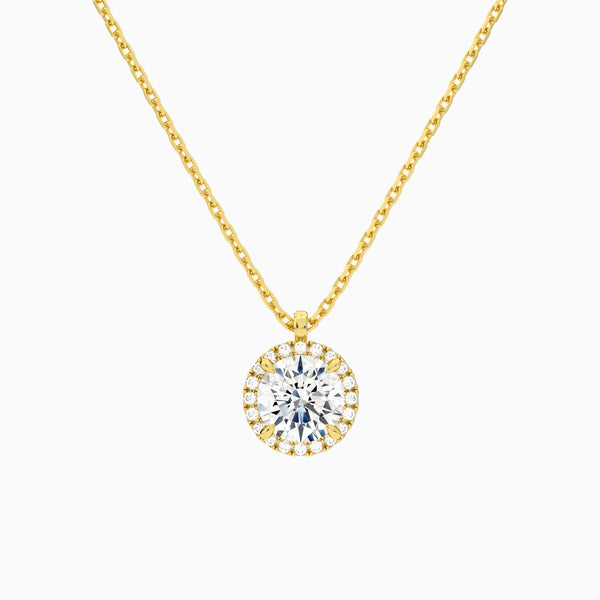 Round Halo Lab Grown Diamond Pendant Necklace In 14K Yellow Gold - Lucenjuri