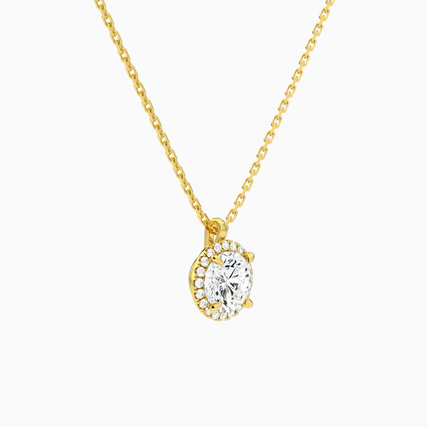 Round Halo Lab Grown Diamond Pendant Necklace In 14K Yellow Gold - Front Angle View