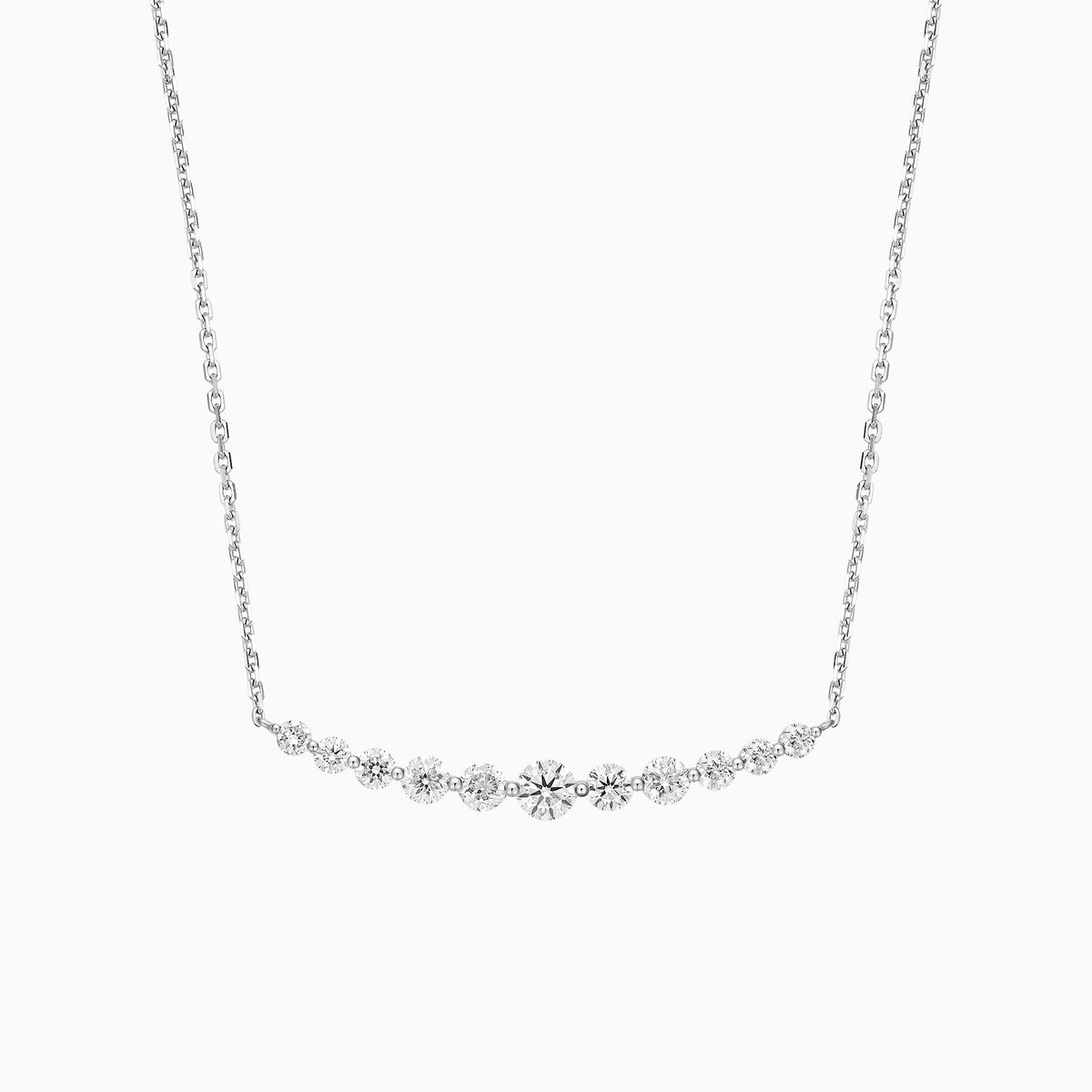Graduated Single Prong Curved Bar Lab Grown Diamond Necklace In 14K White Gold - Lucenjuri