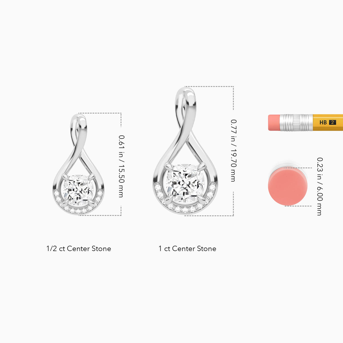Lab Grown Diamond Cushion Accented Twist Pendant Necklace In Platinum - Size Comparison