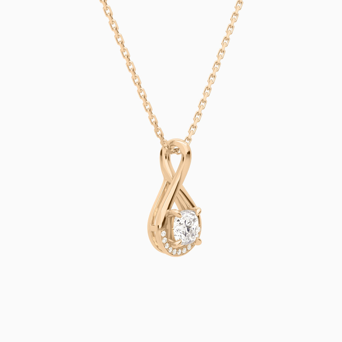 Lab Grown Diamond Cushion Accented Twist Pendant Necklace In 14K Rose Gold - Front Angle View
