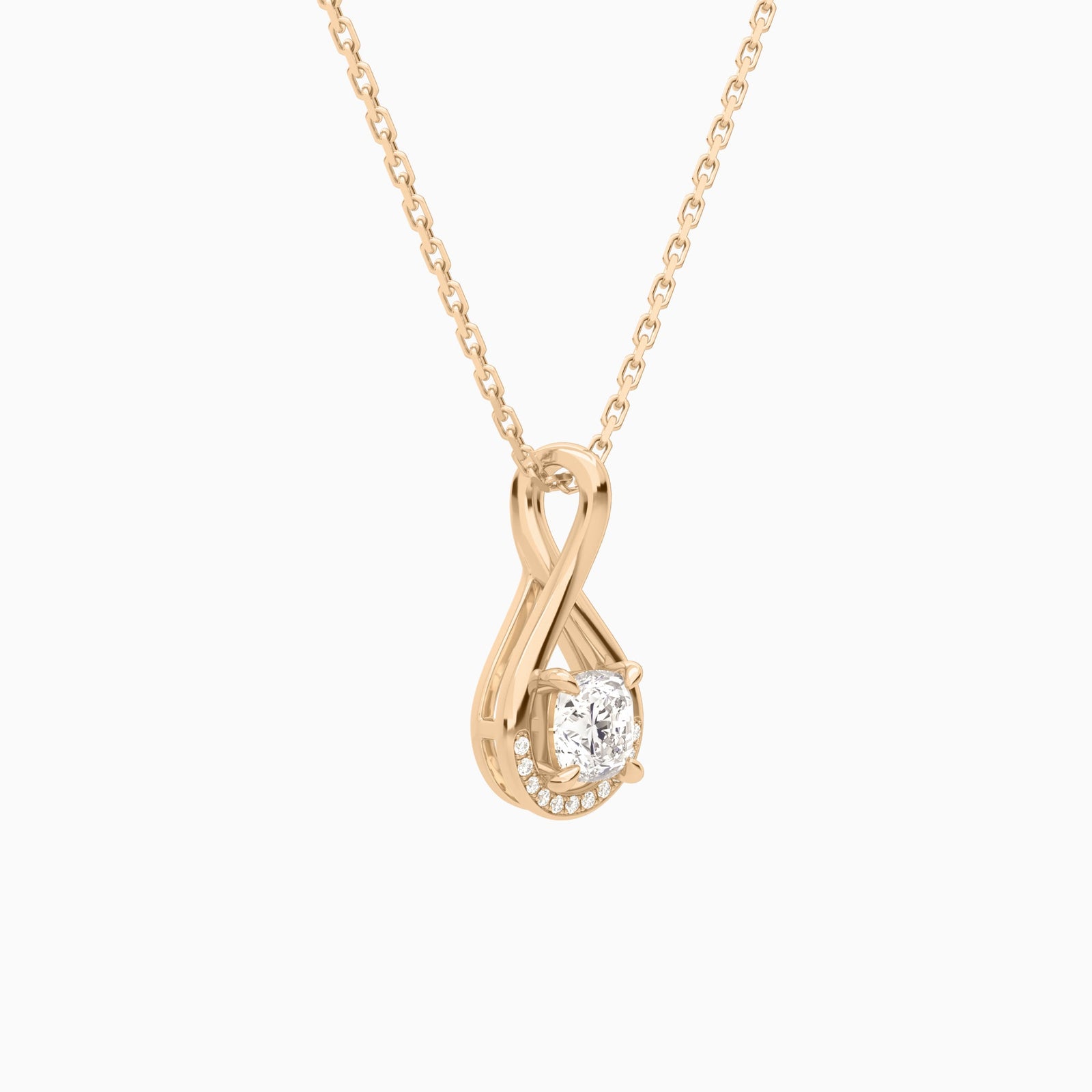 Lab Grown Diamond Cushion Accented Twist Pendant Necklace In 14K Rose Gold - Front Angle View