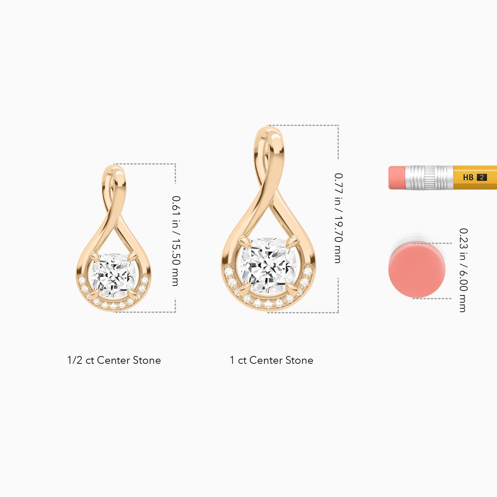 Lab Grown Diamond Cushion Accented Twist Pendant Necklace In 14K Rose Gold - Size Comparison