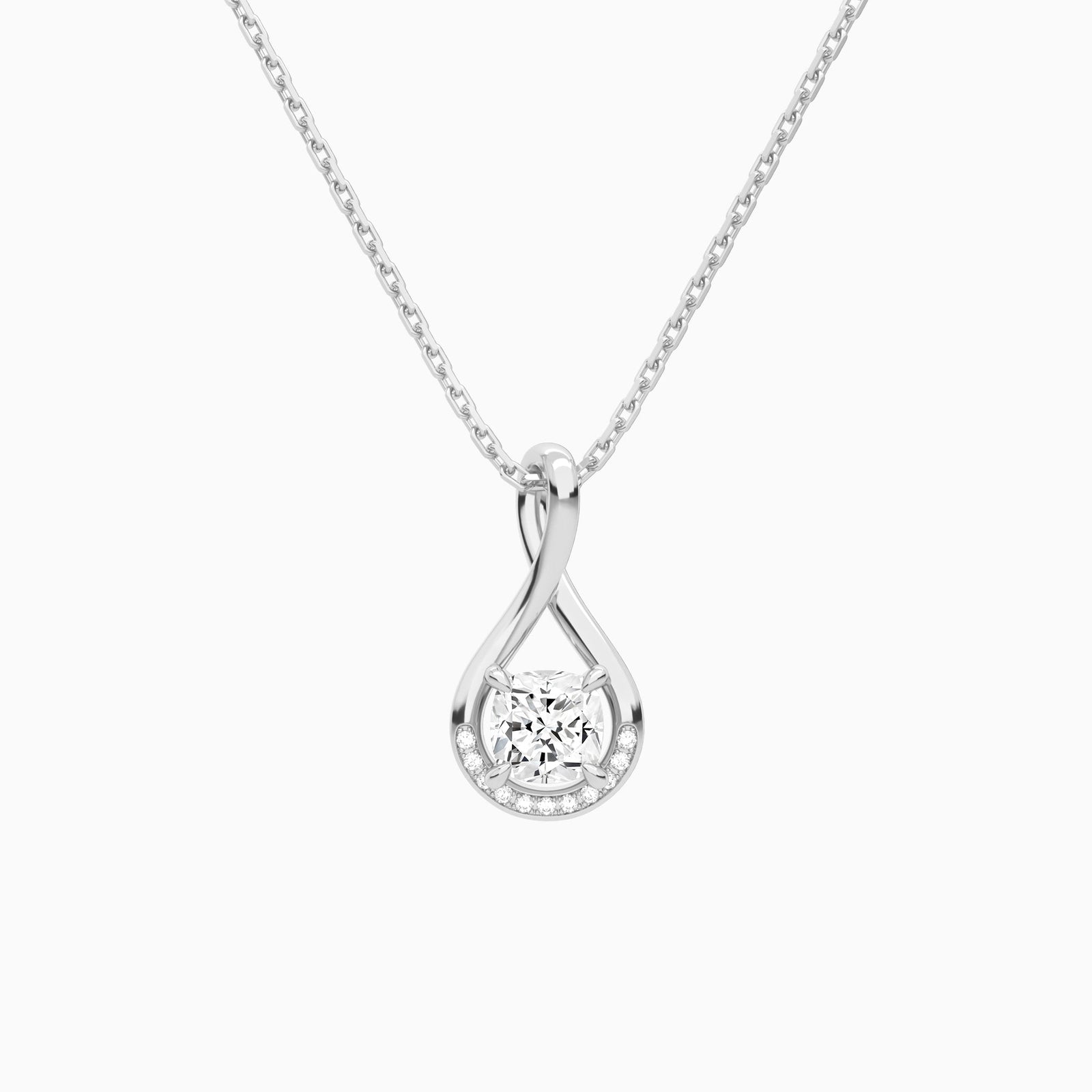 Lab Grown Diamond Cushion Accented Twist Pendant Necklace In 14K White Gold - Lucenjuri