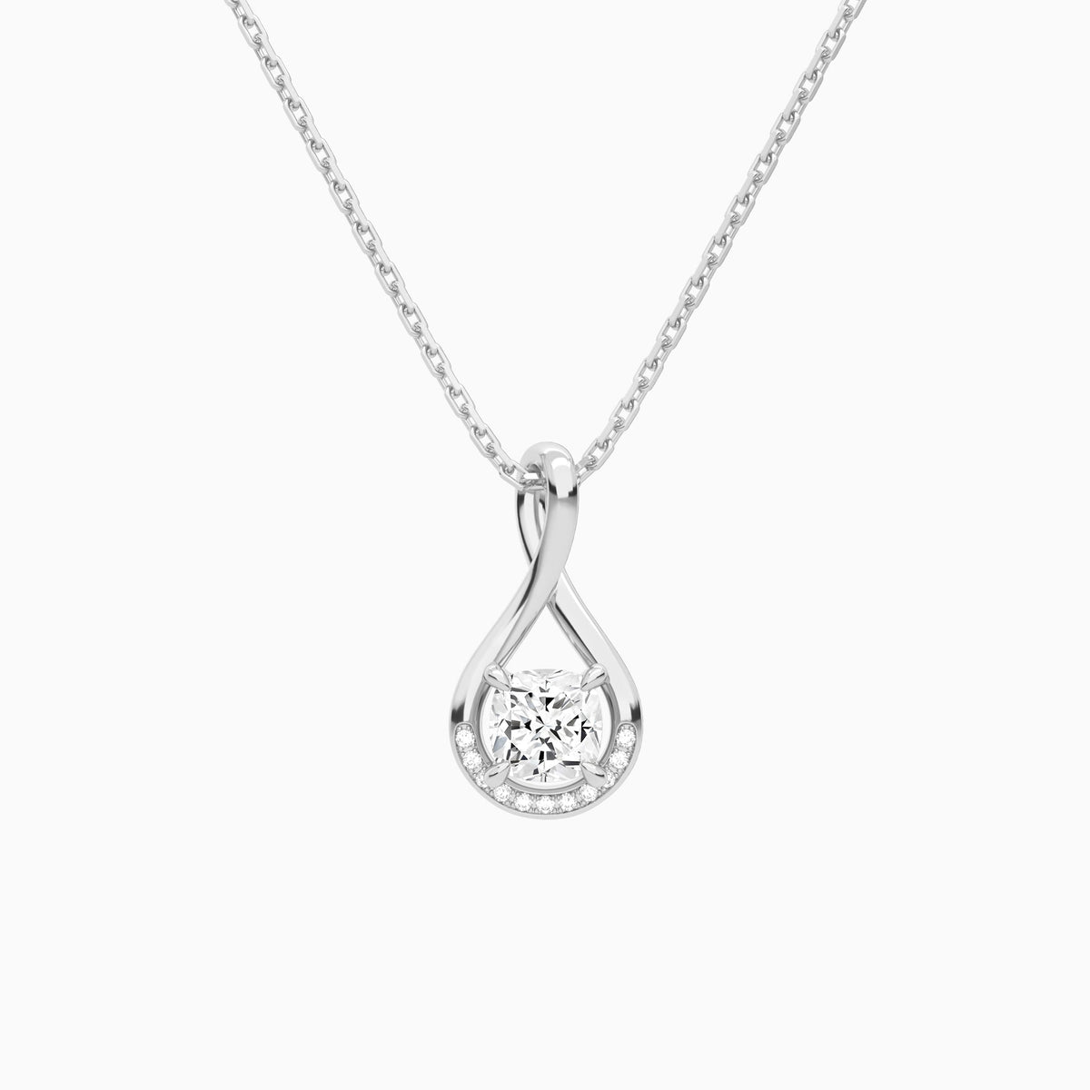 Lab Grown Diamond Cushion Accented Twist Pendant Necklace In 18K White Gold - Lucenjuri