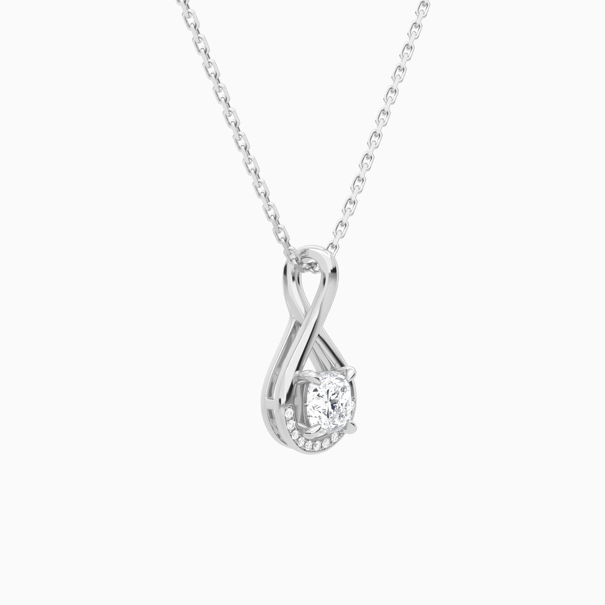 Lab Grown Diamond Cushion Accented Twist Pendant Necklace In 14K White Gold - Front Angle View