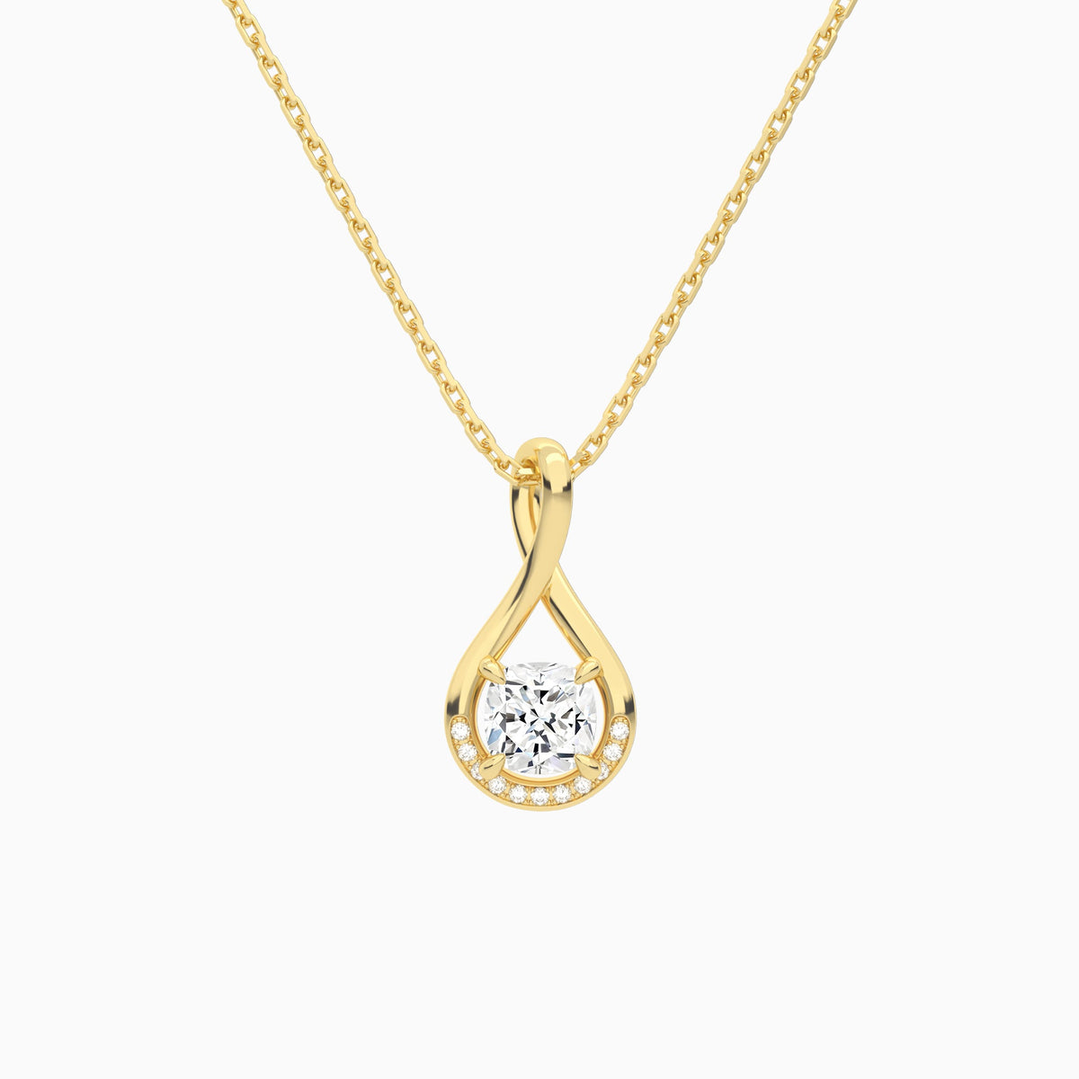 Lab Grown Diamond Cushion Accented Twist Pendant Necklace In 14K Yellow Gold - Lucenjuri