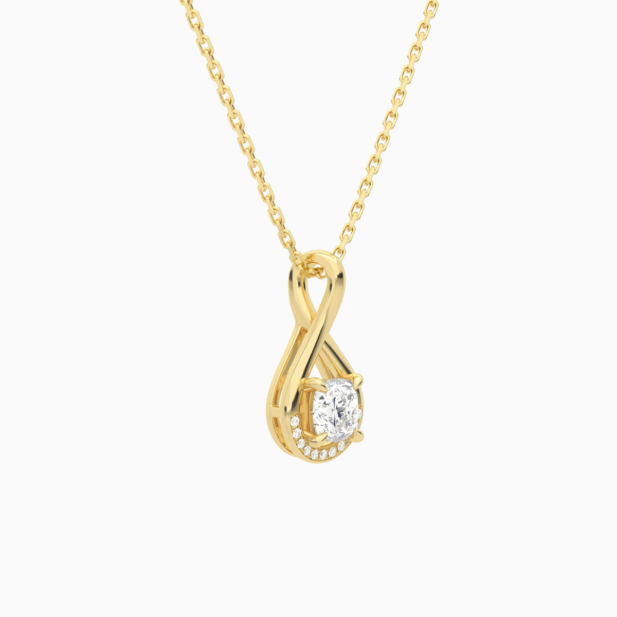 Lab Grown Diamond Cushion Accented Twist Pendant Necklace In 14K Yellow Gold - Front Angle View