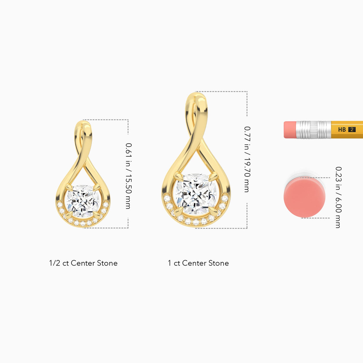 Lab Grown Diamond Cushion Accented Twist Pendant Necklace In 18K Yellow Gold - Size Comparison