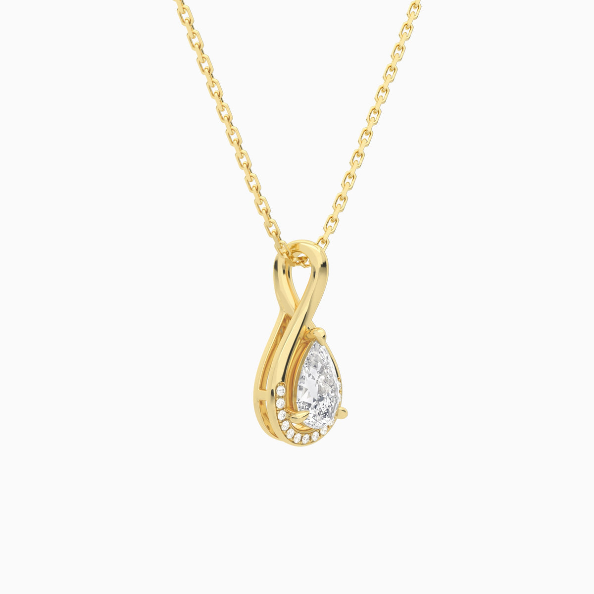 Lab Grown Diamond Pear Accented Twist Pendant Necklace In 14K Yellow Gold - Front Angle View