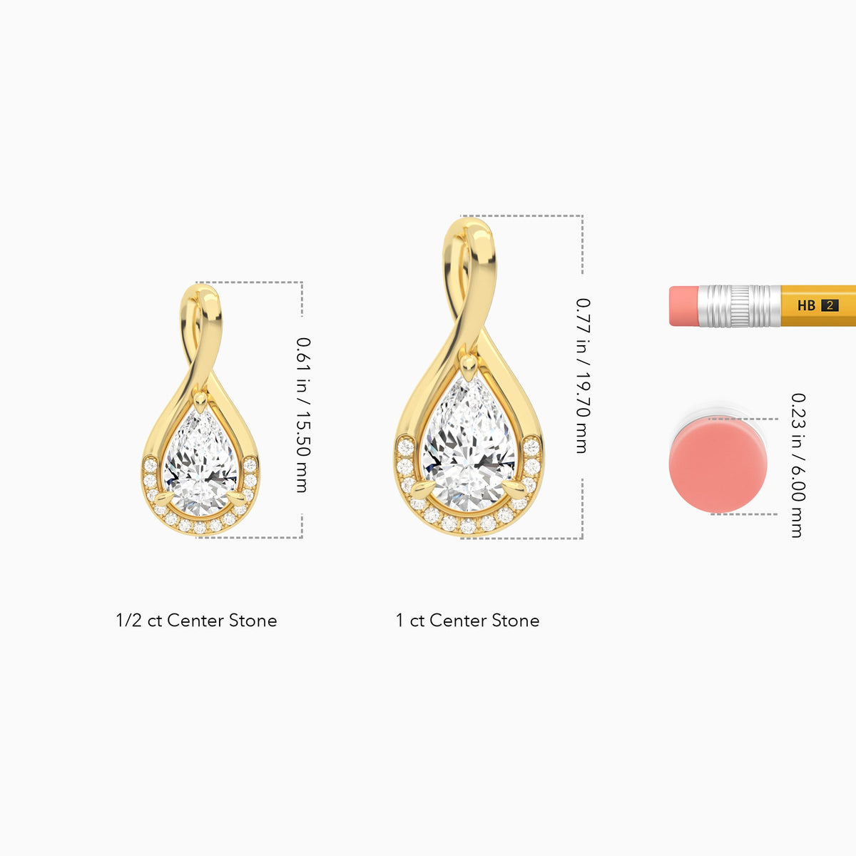 Lab Grown Diamond Pear Accented Twist Pendant Necklace In 14K Yellow Gold - Size Comparison